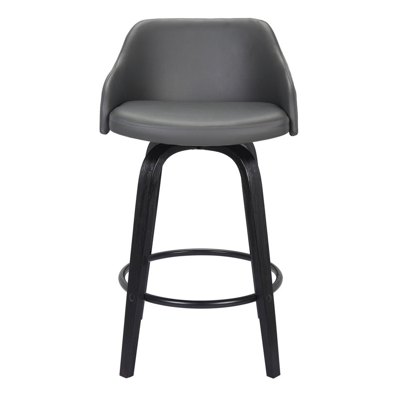 Aiken Swivel Counter or Bar Height Bar Stool with Arms in Faux Leather, Plywood and Metal Footrest, Grey Faux Leather, Black