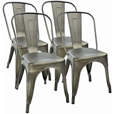Set Of 4 Metal Dining Chairs | Bronze | Stackable Tolix Side Chairs With Backrest | Scratch-Resistant | Non-Slip Feet | Indoor/Outdoor Use | 330 Lbs Capacity | Ideal For Kitchen & Restaurant