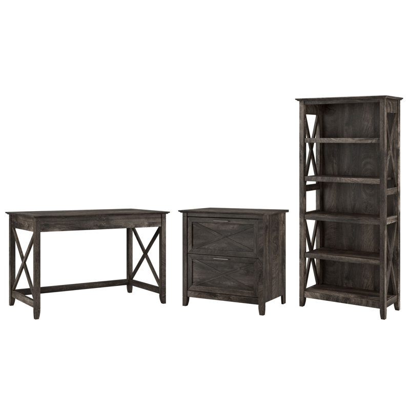 Huckins 3 Piece Writing Desk Office Set with Bookcase, Dark Gray Hickory