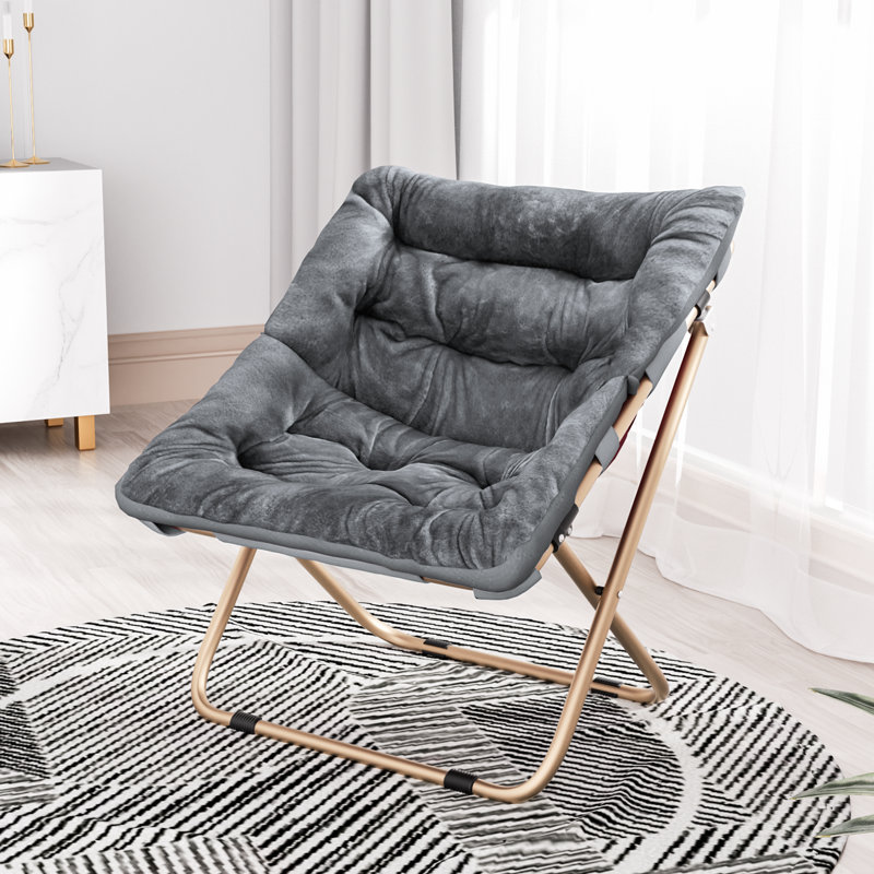 Upholstered Folding Square Saucer, Tufted Cozy Accent Chair with Golden Metal Frame for Living Room, Gray Synthetic Fur, No