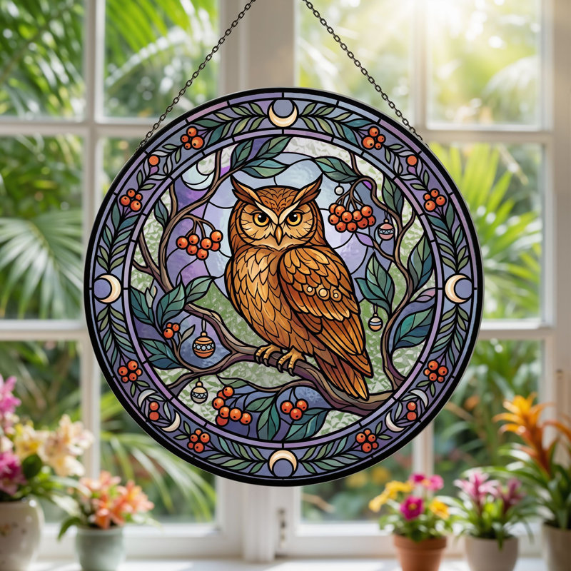 Owl Stained Stained Glass Window Panel，12"H, 12"H