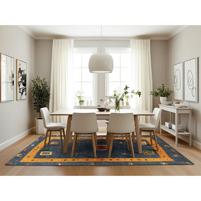 Tapis contemporain bleu / jaune, Rectangle 7 pi x 10 pi