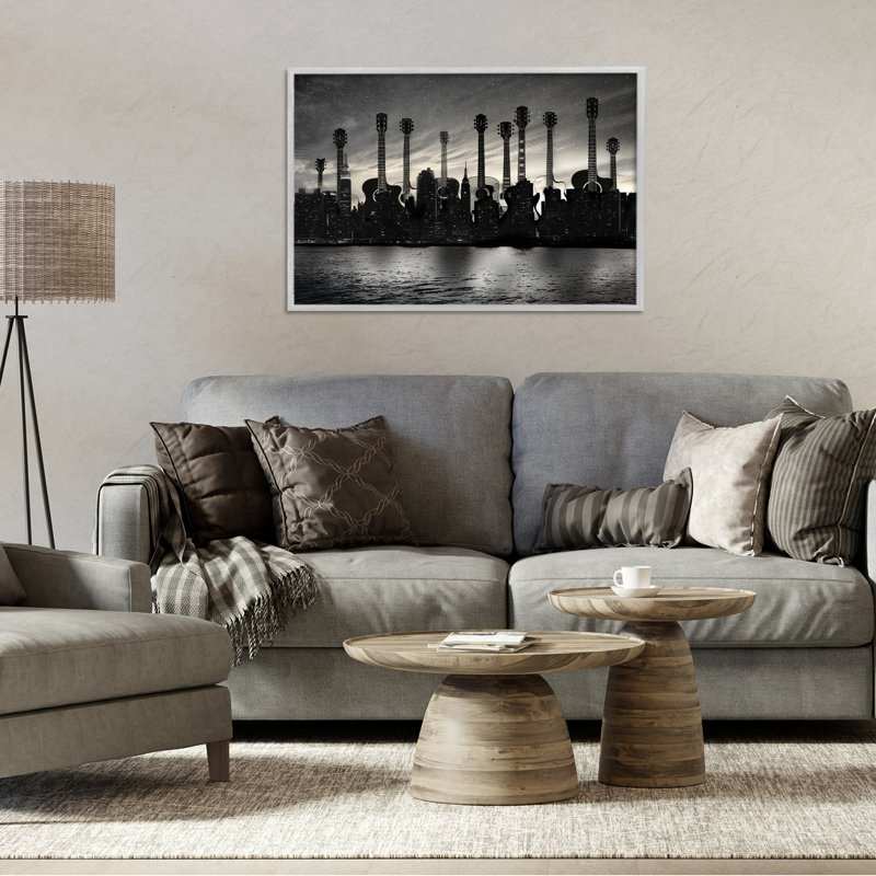 Guitare Skyline Cityscape, giclée encadrée, design par CAD Designs, Giclée de ferme grise encadrée, H 16 po x l 24 po