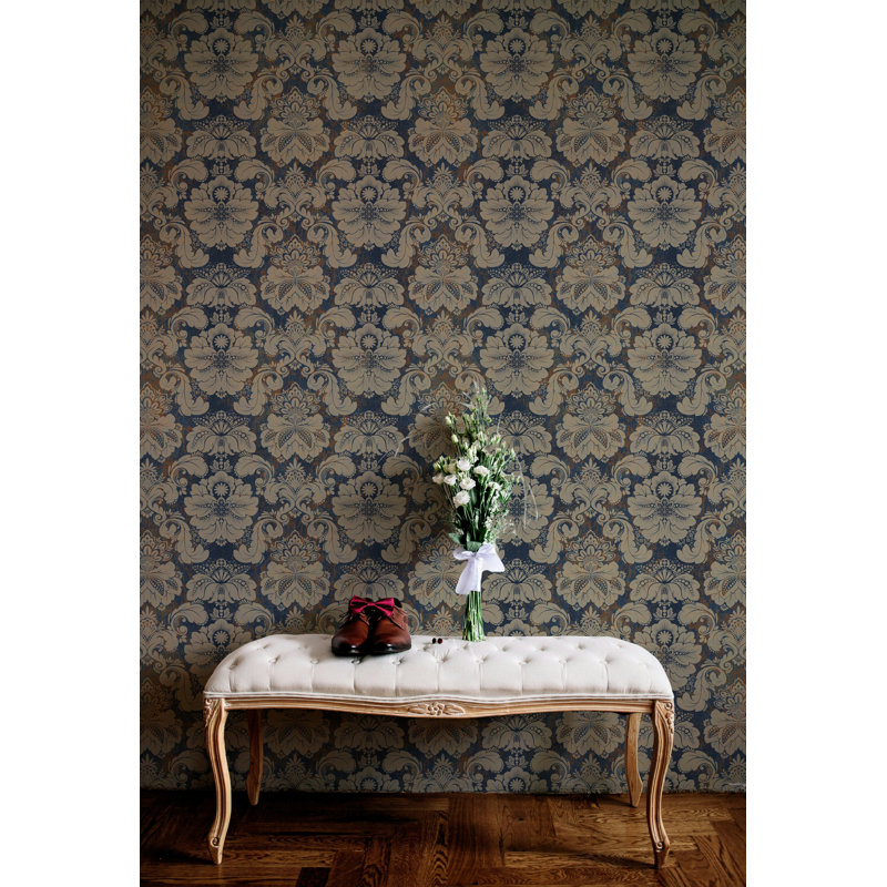Papier peint floral damassé bleu marine, L 50 po x l 75 po