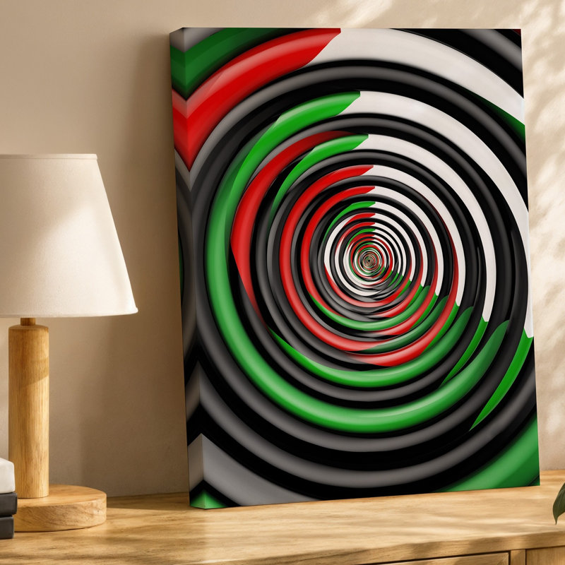 La toile crée une illusion optique hypnotique mettant en vedette une série de cercles concentriques d'art mural
