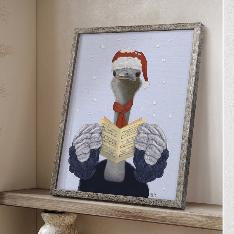 Ostrich, Carol Singing, reproduction d'art encadrée - bois massif, H 30 po x l 24 po