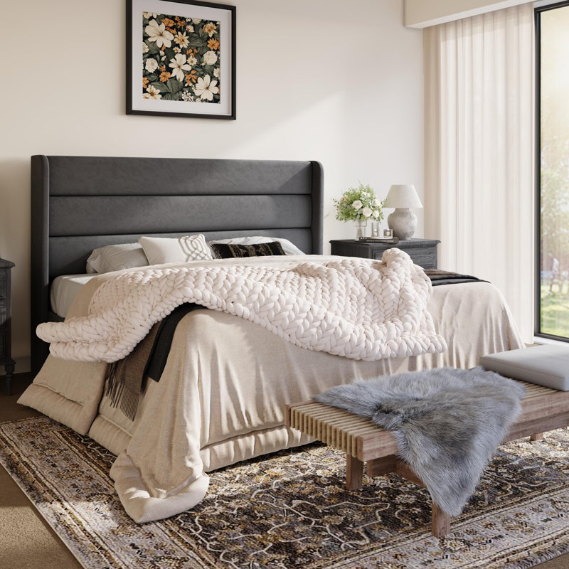 Modern Velvet Upholstered Platform Bed With Wooden Slats Wingback Headboard Included, Gray, King