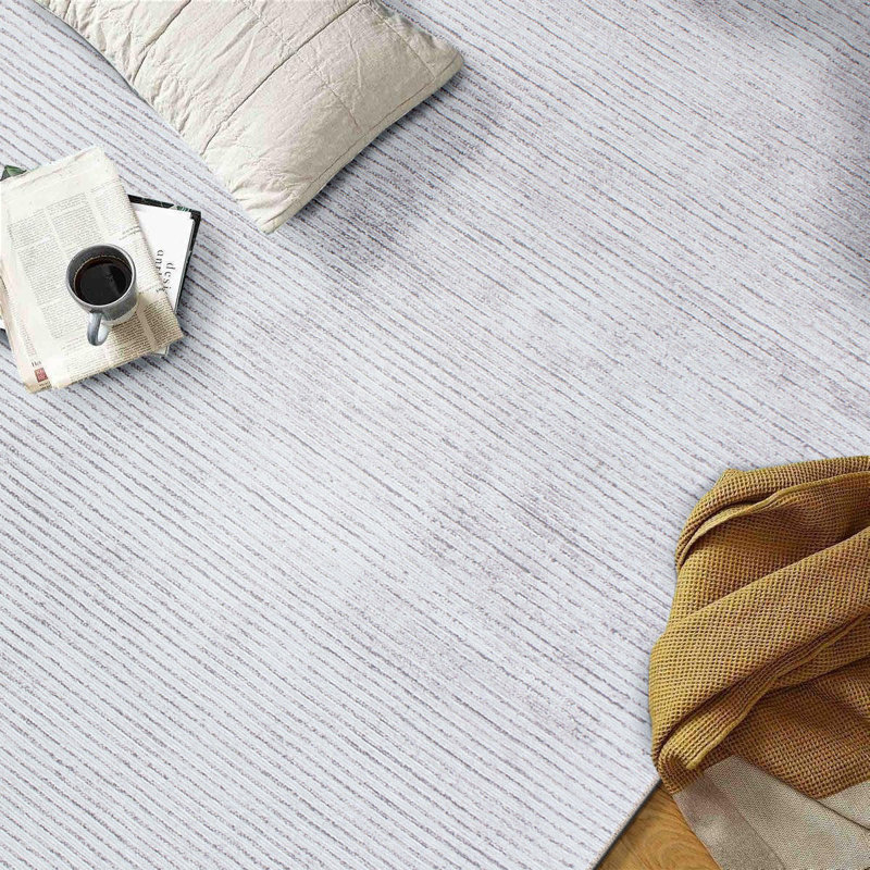 Tapis ivoire / gris à rayures tissées à plat lavable à la machine Cinderford, Rectangle 3 pi 4 po x 5 pi