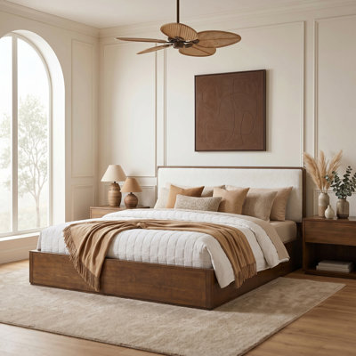 Harper Wooden Platform Bed with Boucle Upholstered Headboard & Slat Support System