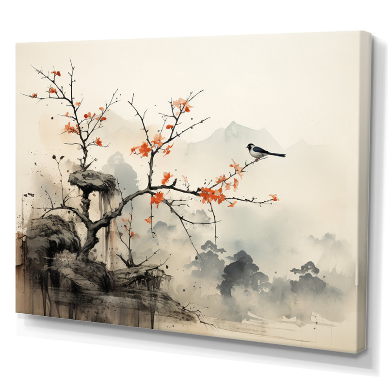 «Asian Art Sumi Bird Serenity XIX» - Art asiatique sur toile, art mural, 30" H x 40" W, Toile tendue