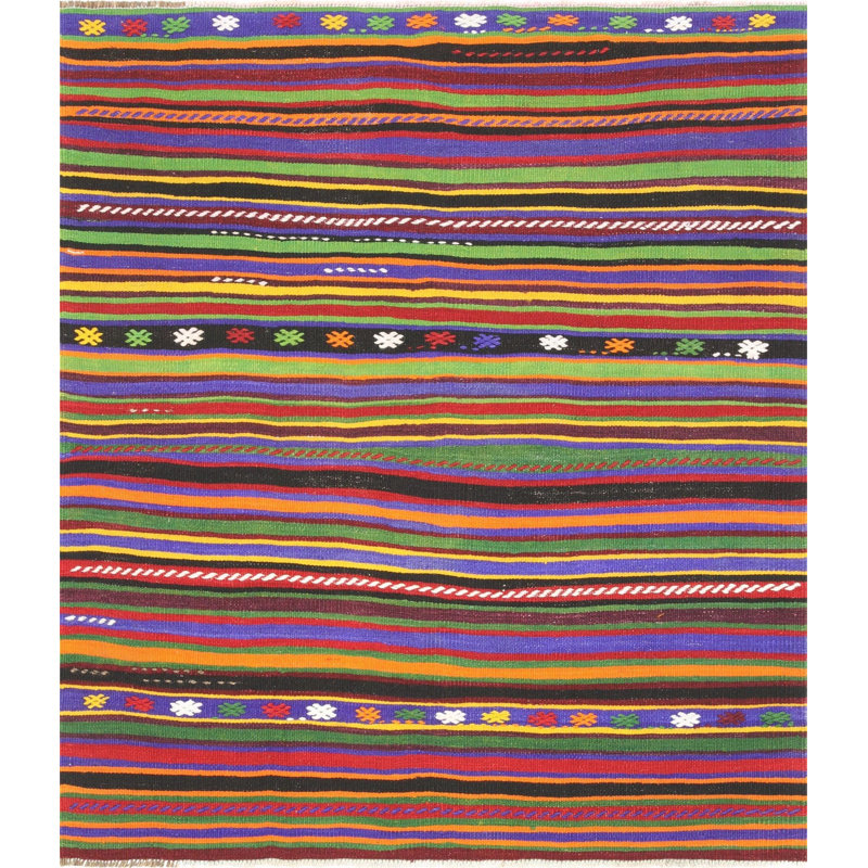 Tapis carré unique en laine noué à la main de style années 1960 de 5 pi 2 po x 5 pi 10 po mauve / bleu / vert