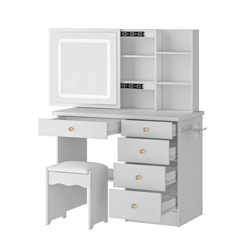 Aneirin 39.4'' Wide Vanity Set With Socket & Sliding Mirror, White