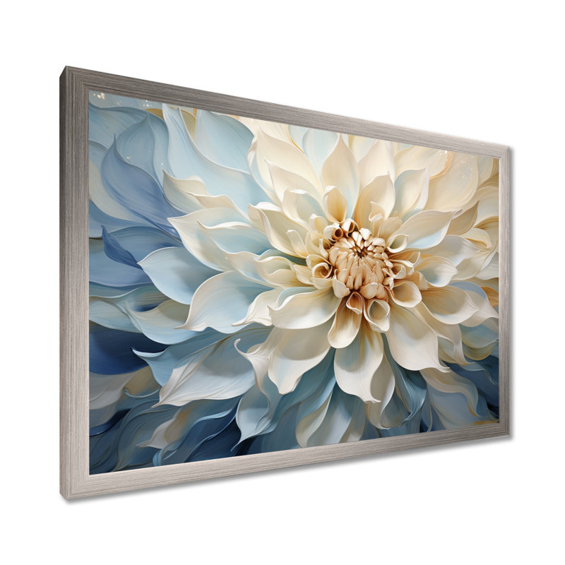 Blanc et bleu fleur de dahlia minimalisme - art mural dahlia, H 34 po x l 44 po x P 1,5 po, Cadre argenté
