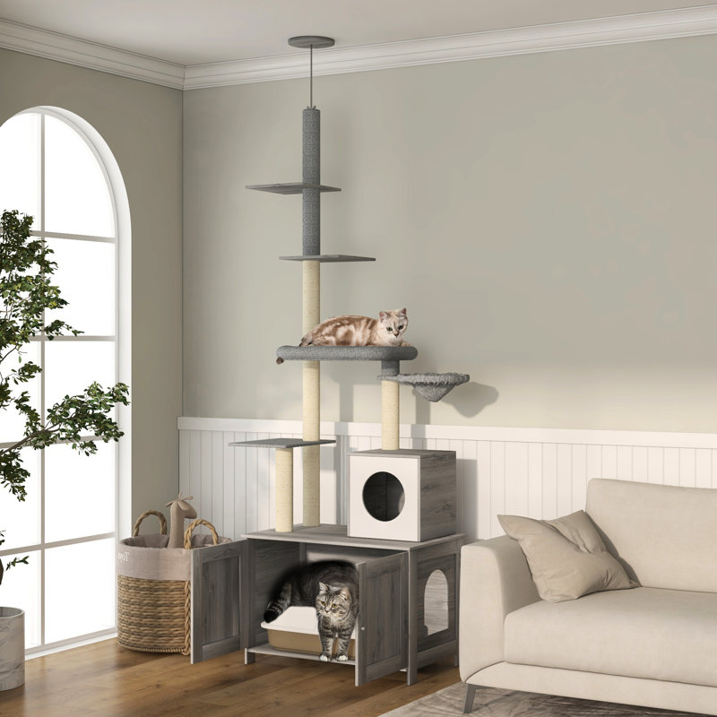 Enceinte de litière pour chat 2 en 1 - gris. Confortable avec, lit, grattoirs et plateformes pour chats d'intérieur dissimulant une tour grise. Délice pour animaux tout compris