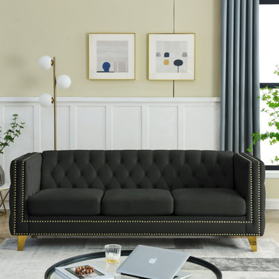 Velvet Sofa Couch,Buttons Tufted Square Arm Couch, Modern Couch Upholstered Button and Metal Legs -  Everly Quinn, A16E2714198C43DDBBCCDB3E0AAD8B36