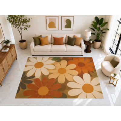 Tapis d'intérieur « ultra-fin » 152 x 213 cm à motif floral rétro marguerites, doux et à poils courts, avec envers antidérapant en silicone, idéal pour le salon, la chambre ou la salle familiale.