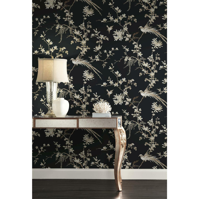 Rouleau de papier peint lisse 27 pi 27 po Bird and Blossom Chinoserie, Noir
