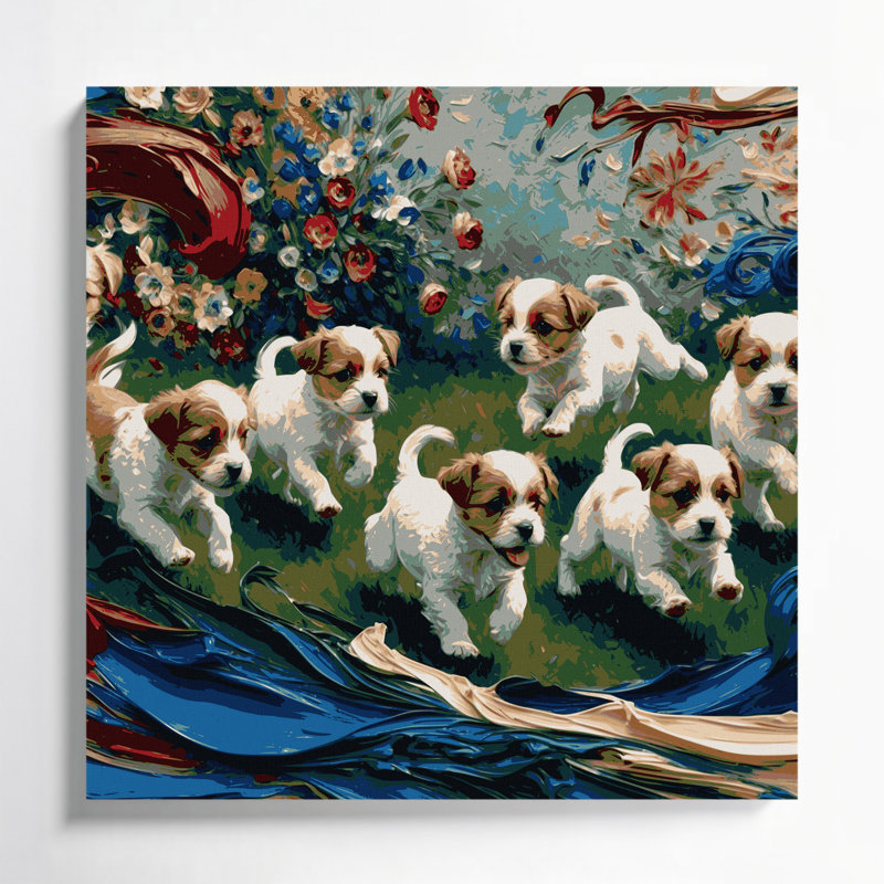 Chiens, jouet russe sur toile mauve, art mural, H 32 po x l 32 po