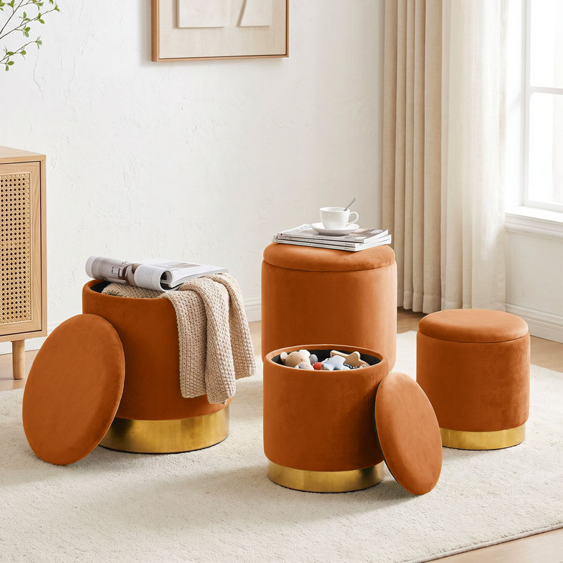 Ensemble de 4 repose-pieds ronds en velours avec base en métal doré, Orange