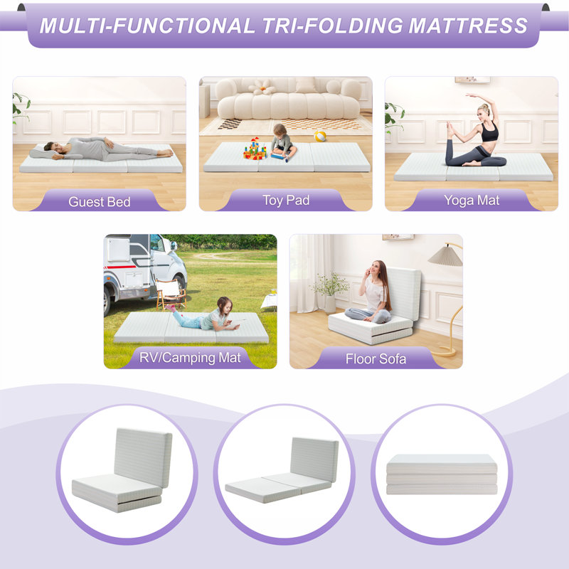 Driffield Tri-fold 4'' Memory Foam Mattress,Portable Folding Mattress with Washable Cover, Queen