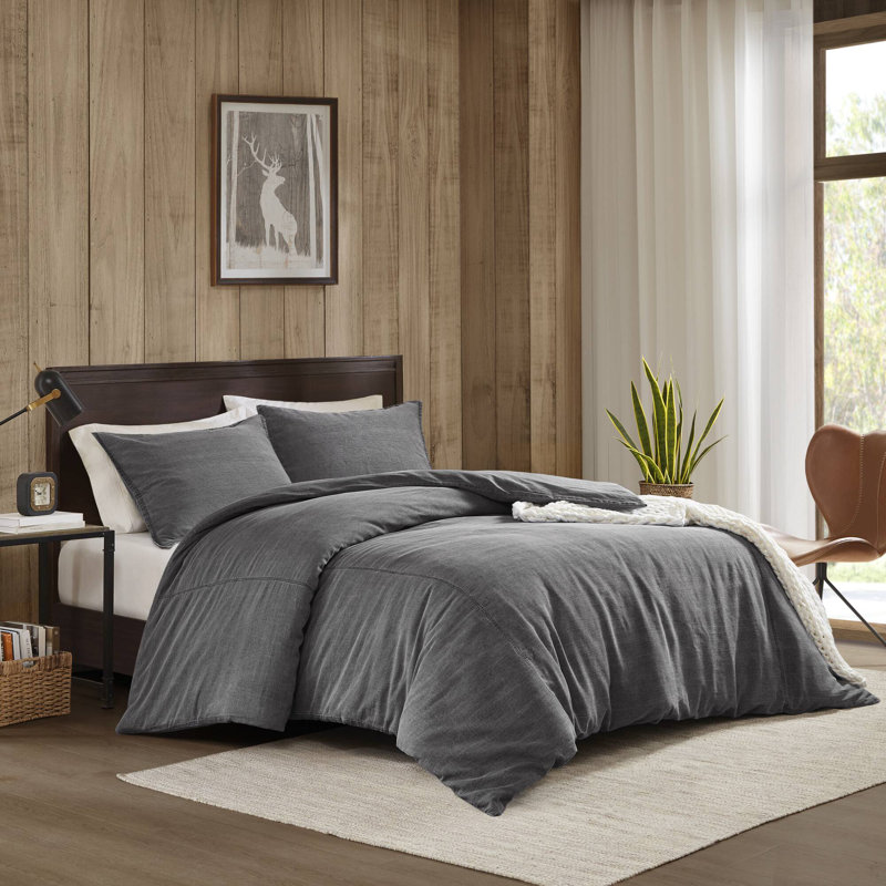 Mckenzie Grey Oversized Cozy 100% Cotton Twill Washed 3-Piece Full/Queen Duvet Set, Gray, Full Duvet Cover + 2 Standard Shams