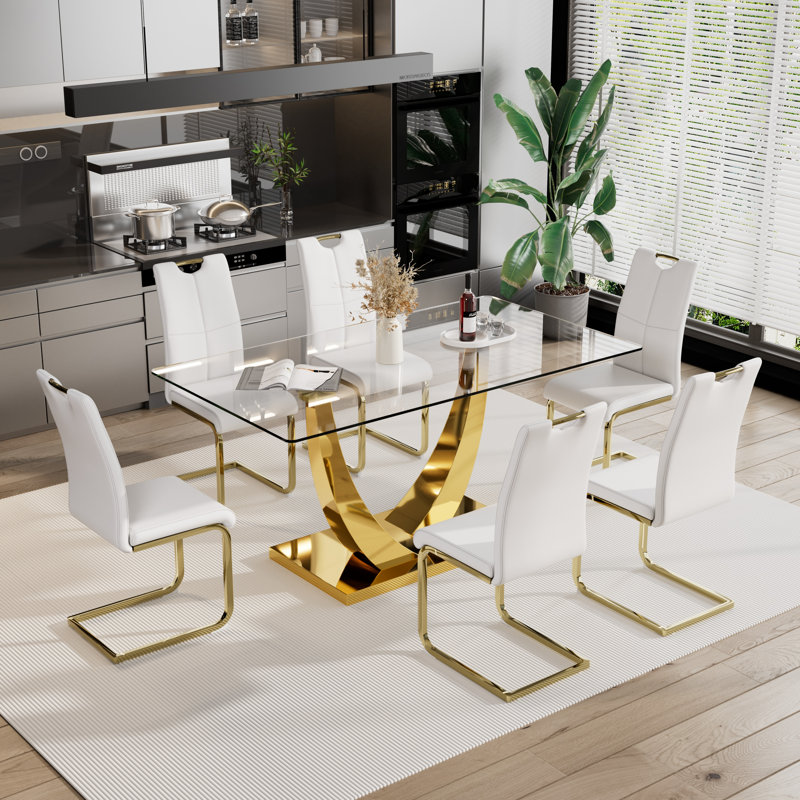 7 - Piece Rectangle Glass Pedestal Dining Set, Gold, White/Gold