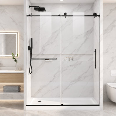 Porte de douche coulissante sans cadre Cascada 56-60 po L x 76 po H avec rail supérieur et poignée en acier inoxydable, verre trempé de 6 mm (1/4 po), noir mat