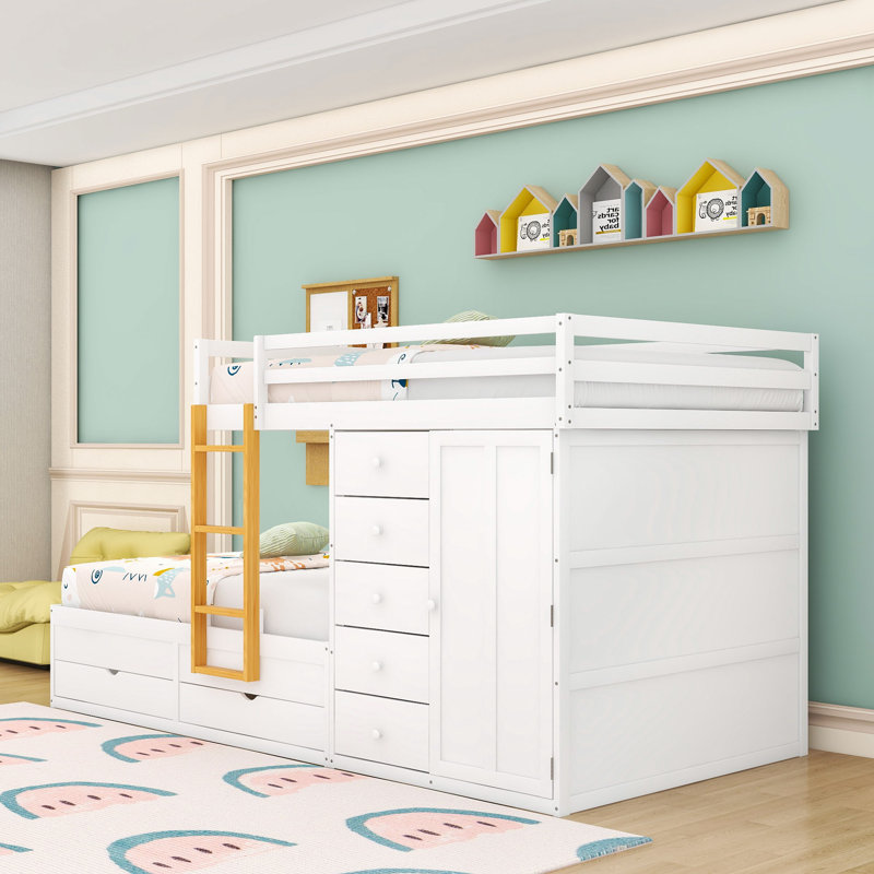 7 Drawers Full Over Full Bunk Bed With Wardrobe, Safety Guardrails And Ladder, White