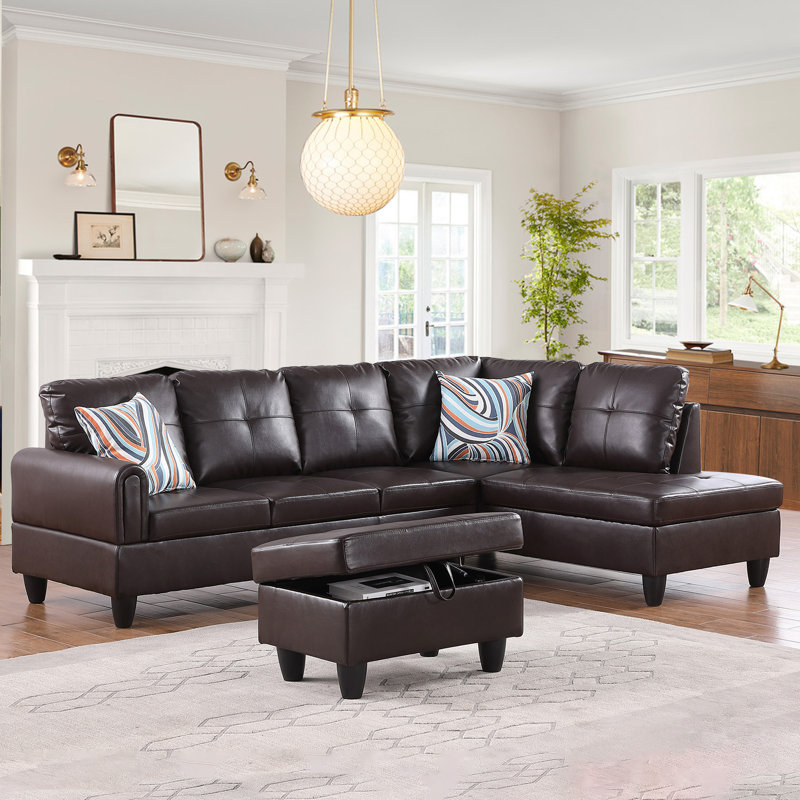 Canapé modulaire 3 pièces Jayzen, Orienté à droite, Similicuir brun, Noir, noir, noir, noir