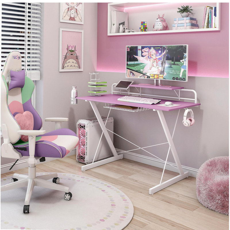 Bureau d'ordinateur TS-200 en fibre de carbone avec support, rose, Rose/Blanc