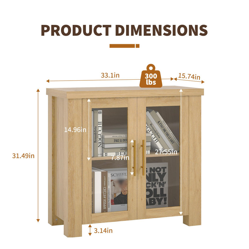 Buffet avec rangement, bahut avec portes en verre trempé, Jaune
