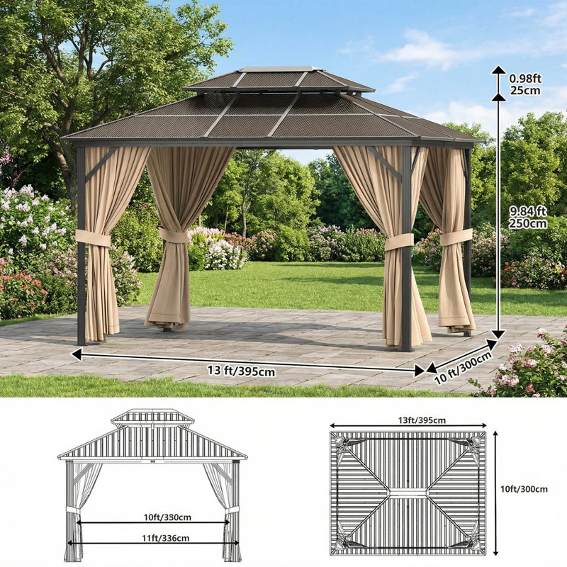 Pavillon de jardin 10 pi x 13 pi avec filet et rideaux, Kaki
