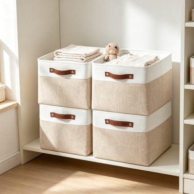 Ensemble de 4 grands bacs de rangement, paniers de rangement en tissu pour tablettes, organisateur de placard décoratif en lin avec cadre en métal et poignées en similicuir, 15 x 11 x 9,5 pouces, beige et blanc
