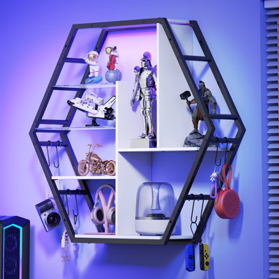 Gaming Floating Shelves, 34" LED Wall Mounted Shelf with Adjustable Glass Shelf, Pipe Shelves Hanging Display Rack Bookshelf with 8 S-Hook, Gaming Room Decor Wine Coffee Bar