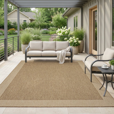 UV-Resistant Geometric Herringbone Indoor/Outdoor Area Rug In Natural Beige