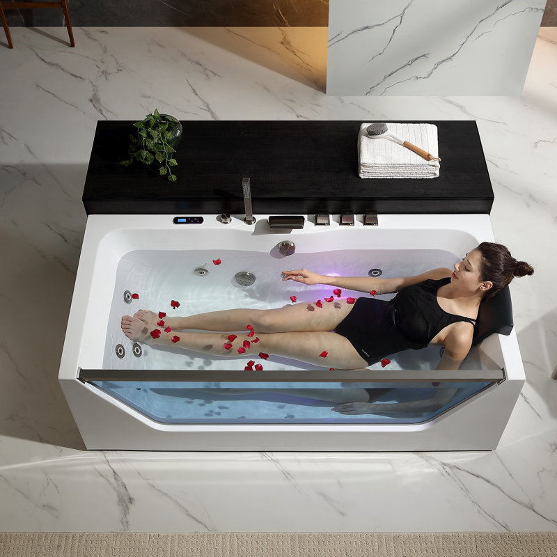 71 In. Whirlpool Bathtub Rectangular Jetted Spa Bath Tub With Center Drain - Brushed Nickel Tub Filler In White