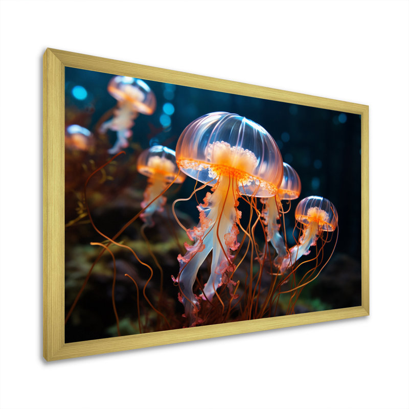 Méduse Oceans Glow II - imprimé, H 24 po x l 32 po x P 1 po, Cadre doré à une seule photo