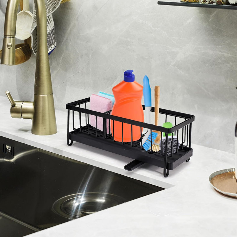 Organisateur d'évier de cuisine avec plateau de drain amovible et séparateur réglable, support en éponge en acier au carbone antirouille pour savon à vaisselle, brosse et lavette, noir
