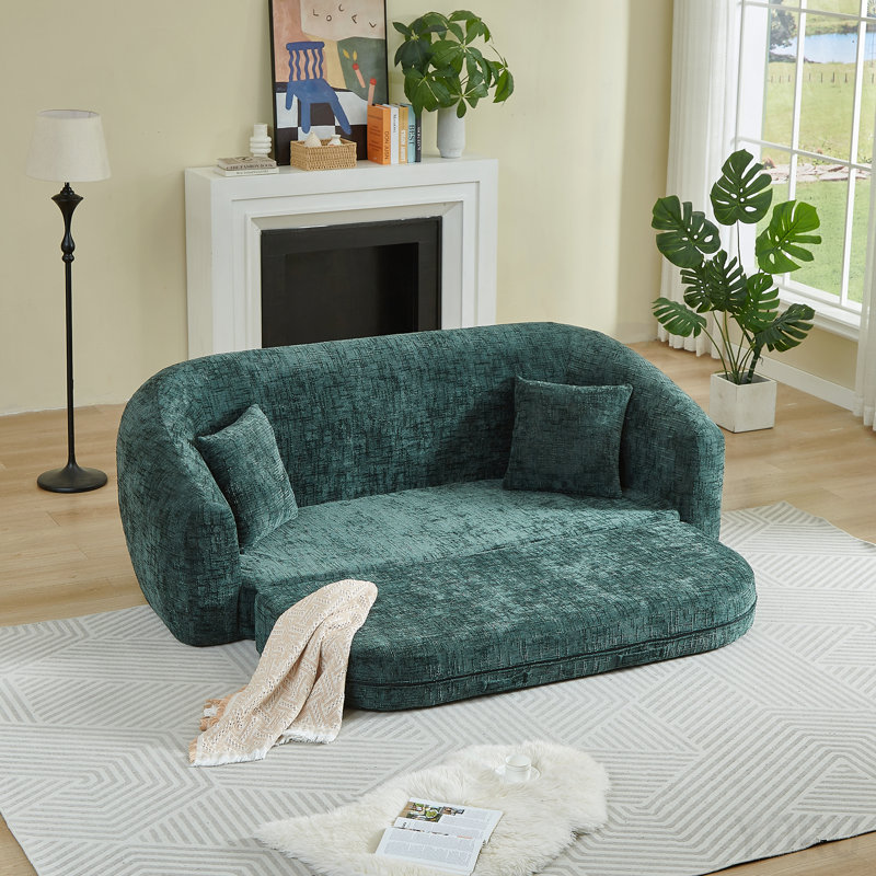 Canapé inclinable convertible incurvé de 87 pouces, canapé-lit 2 en 1 escamotable, avec base coulissante et siège profond, comprend deux coussins, fauteuil inclinable en chenille, aucun assemblage requis, vert