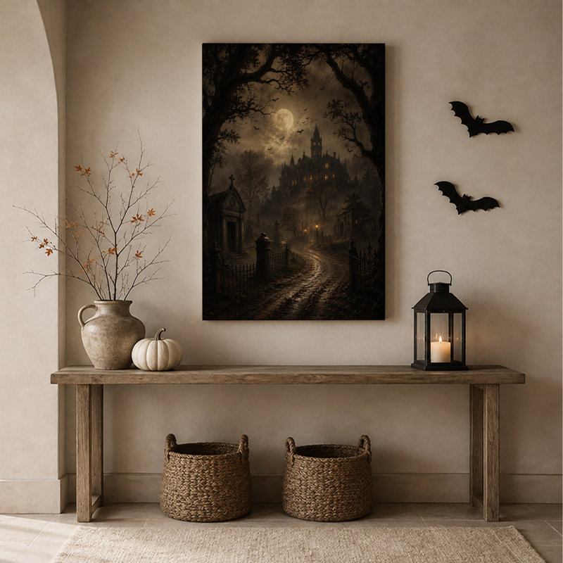 Impression sur toile, "Gothic Castle on Hill Under Full Moon With Bats", H 24 po x l 18 po