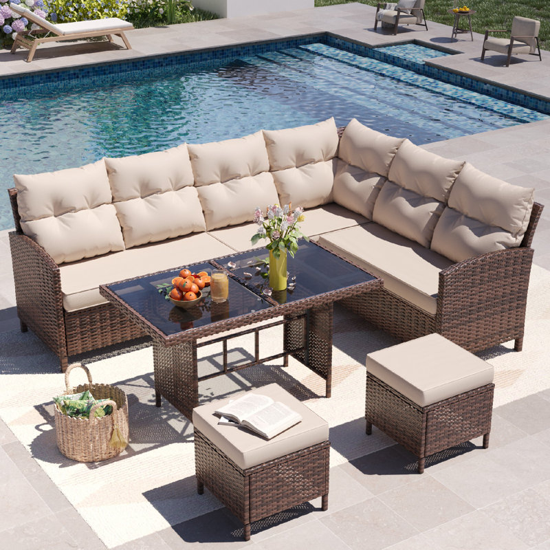 6-Piece Outdoor Wicker Patio Sofa Set With Dining Table, Beige, Brown