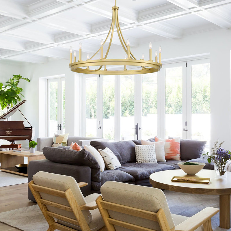 Marconi 12-Light Dimmable Wagon Wheel Chandelier, Satin Brass
