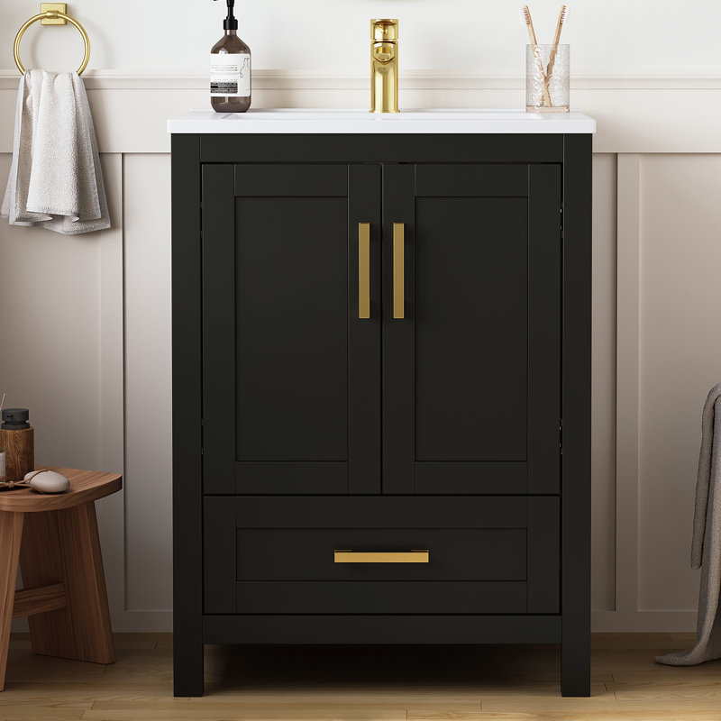 Korde Freestanding Single Bathroom Vanity With Solid Surface Composite Top, 25", Black
