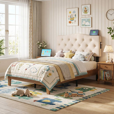 Elegant Button-Tufted Padded Upholstered Headboard With Built-In 2 AC Power Outlets, Adjustable Height Headboard Fits Full & Queen Size Bed Frames