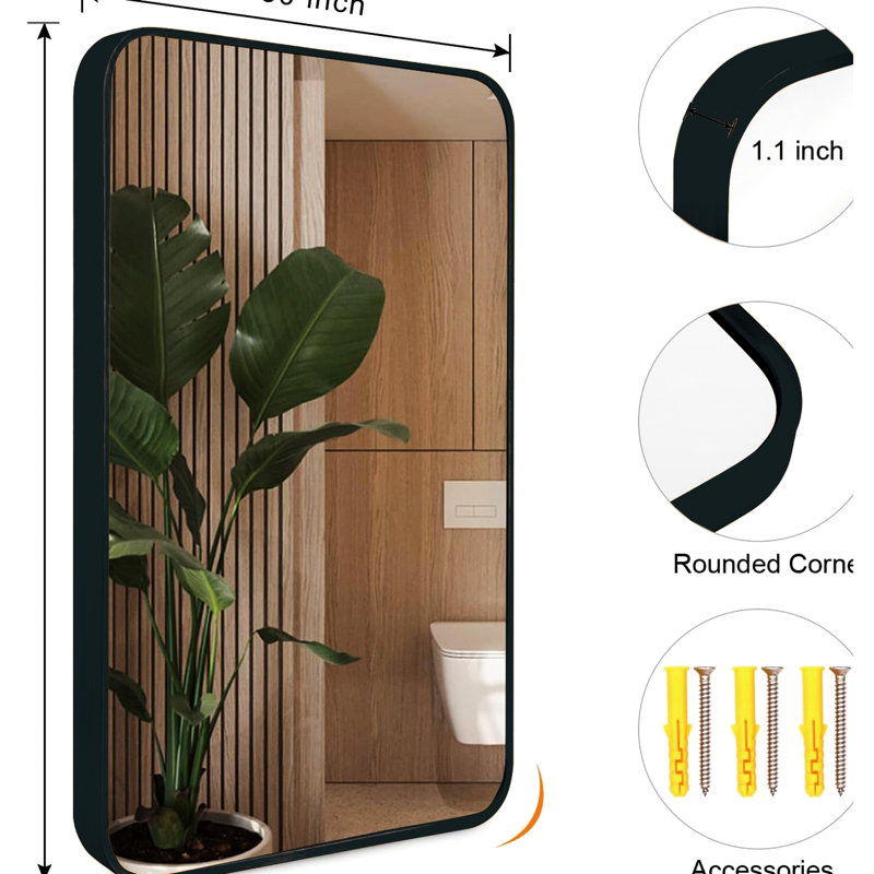 Grand miroir mural de salle de bain rectangulaire en métal noir 30 po x 40 po - verre, cadre rouille, facile à installer pour une installation sans effort