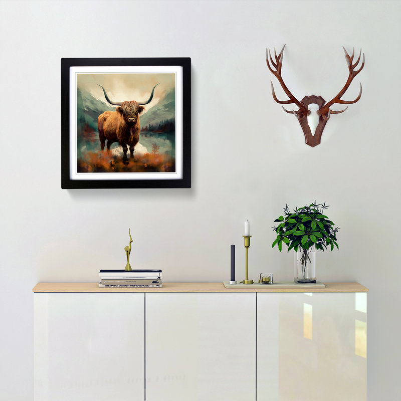 Highland Cow Surrealism No.1 - Single Picture Frame Print on Wood, Black