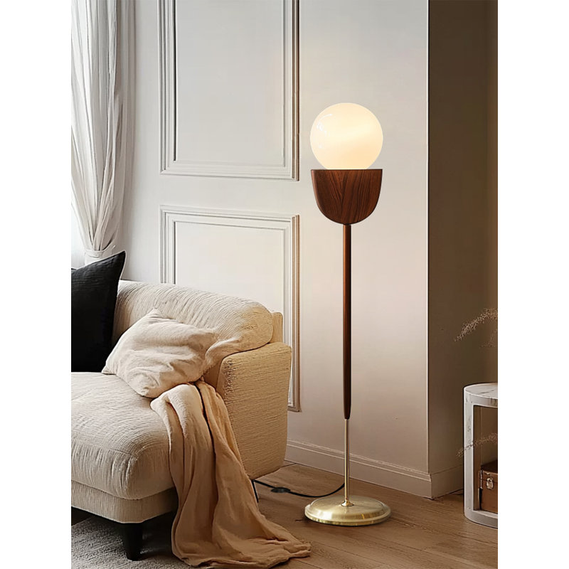 Mid-Century Style Solid Wood & Wrought Iron Floor Lamp
