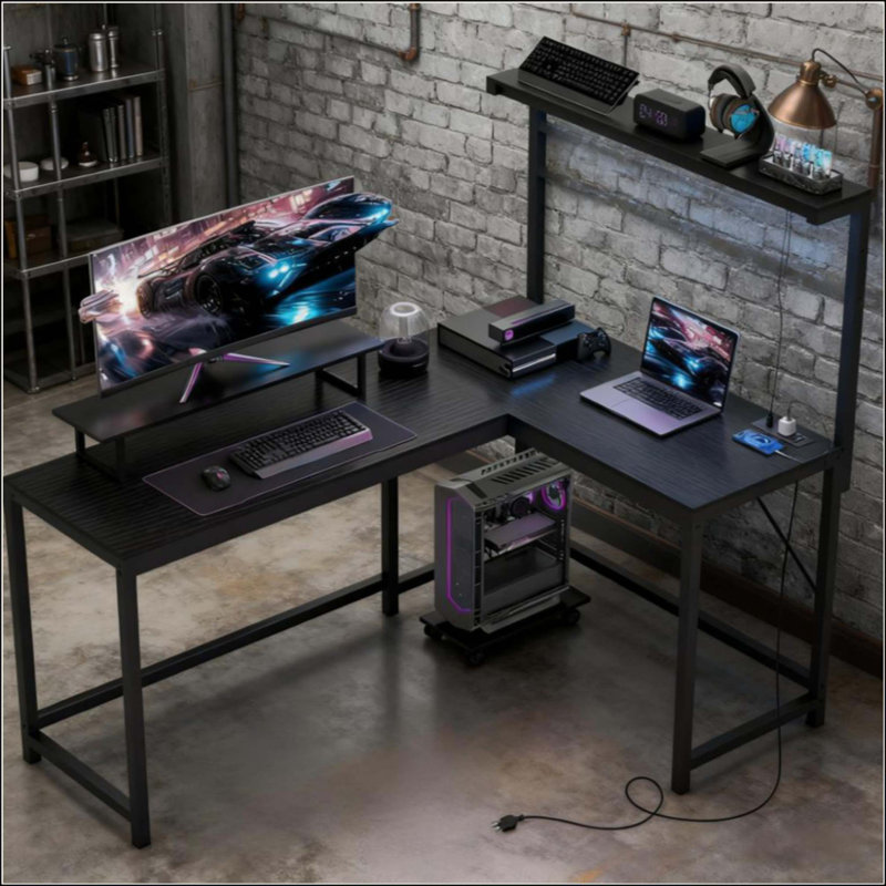 Bureau de jeu en L avec prises de courant, lumières DEL, support pour écran et tablette pour unité centrale | Idée de cadeau