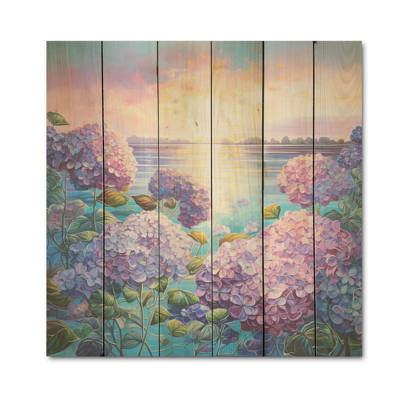 Hortensia mauve par The Late - Art mural en bois sur bois de pin naturel, H 25 po x l 25 po