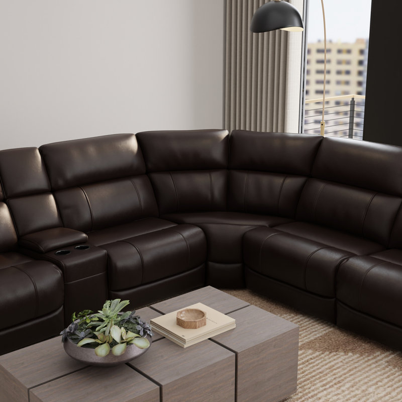 6 modulaires électriques en cuir en forme de L, appuis-tête, repose-pieds, etc., rangement caché, idéal pour un salon modulaire tabac, avec console multifonctionnelle, espace principal